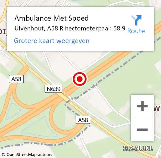 Locatie op kaart van de 112 melding: Ambulance Met Spoed Naar Ulvenhout, A58 R hectometerpaal: 58,9 op 18 januari 2017 21:27