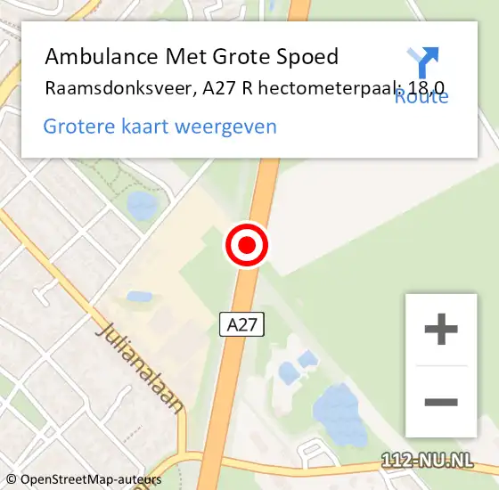 Locatie op kaart van de 112 melding: Ambulance Met Grote Spoed Naar Raamsdonksveer, A27 R hectometerpaal: 18,0 op 19 januari 2017 12:53