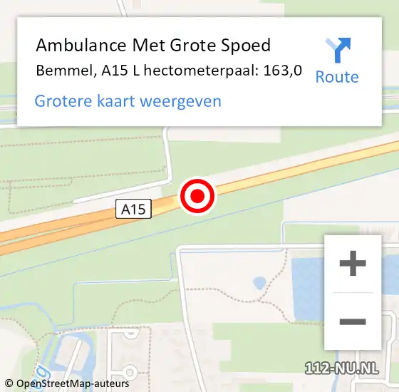 Locatie op kaart van de 112 melding: Ambulance Met Grote Spoed Naar Bemmel, A15 L hectometerpaal: 163,0 op 19 januari 2017 21:16