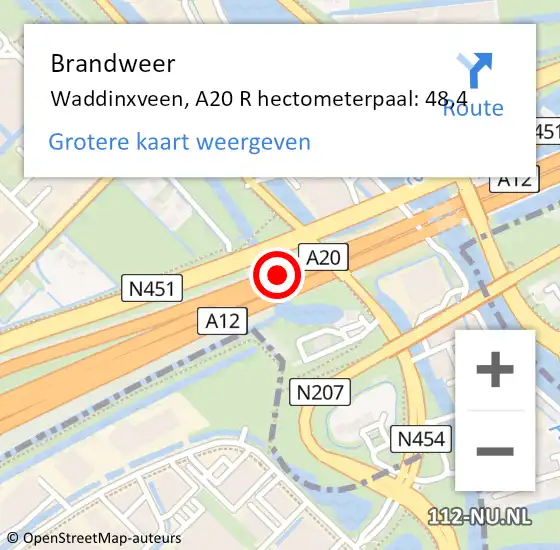 Locatie op kaart van de 112 melding: Brandweer Waddinxveen, A20 R hectometerpaal: 48,4 op 21 januari 2017 20:18