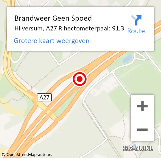 Locatie op kaart van de 112 melding: Brandweer Geen Spoed Naar Hilversum, A27 R hectometerpaal: 91,3 op 29 januari 2017 18:18