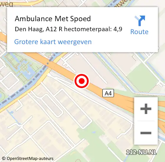 Locatie op kaart van de 112 melding: Ambulance Met Spoed Naar Den Haag, A12 R hectometerpaal: 4,9 op 7 februari 2017 16:44