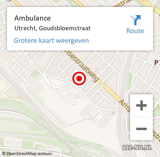 Locatie op kaart van de 112 melding: Ambulance Utrecht, Goudsbloemstraat op 8 februari 2017 13:41
