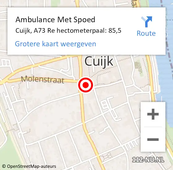 Locatie op kaart van de 112 melding: Ambulance Met Spoed Naar Cuijk, A73 Re hectometerpaal: 90,0 op 12 februari 2017 01:14