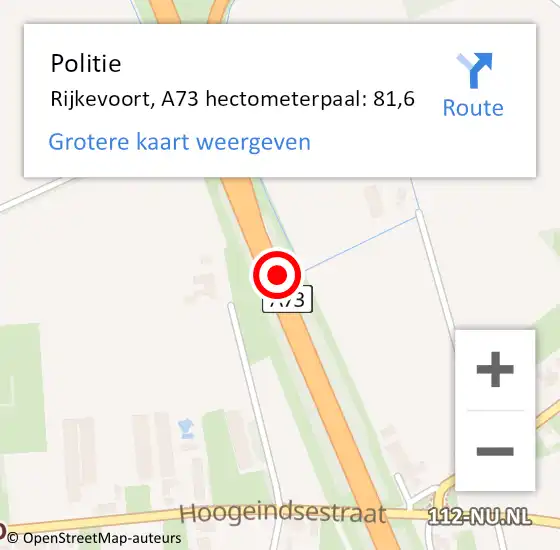 Locatie op kaart van de 112 melding: Politie Rijkevoort, A73 hectometerpaal: 81,8 op 13 februari 2017 07:51
