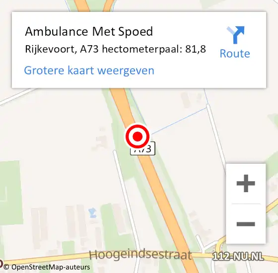 Locatie op kaart van de 112 melding: Ambulance Met Spoed Naar Rijkevoort, A73 hectometerpaal: 81,8 op 13 februari 2017 07:57