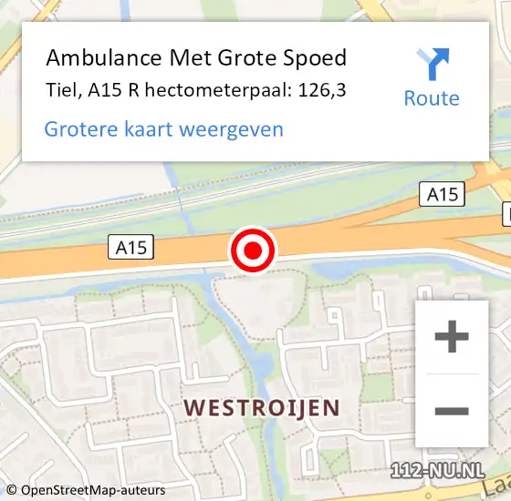 Locatie op kaart van de 112 melding: Ambulance Met Grote Spoed Naar Tiel, A15 L hectometerpaal: 127,1 op 16 februari 2017 17:47