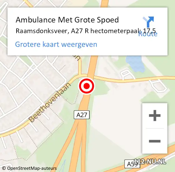 Locatie op kaart van de 112 melding: Ambulance Met Grote Spoed Naar Raamsdonksveer, A27 R hectometerpaal: 17,5 op 19 februari 2017 17:27