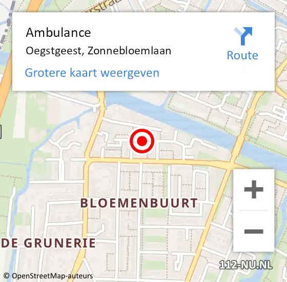 Locatie op kaart van de 112 melding: Ambulance Oegstgeest, Zonnebloemlaan op 22 februari 2017 16:41