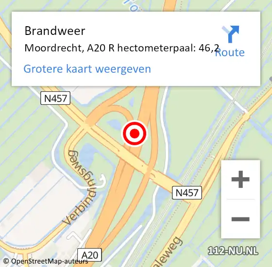 Locatie op kaart van de 112 melding: Brandweer Moordrecht, A20 L hectometerpaal: 45,6 op 24 februari 2017 16:47