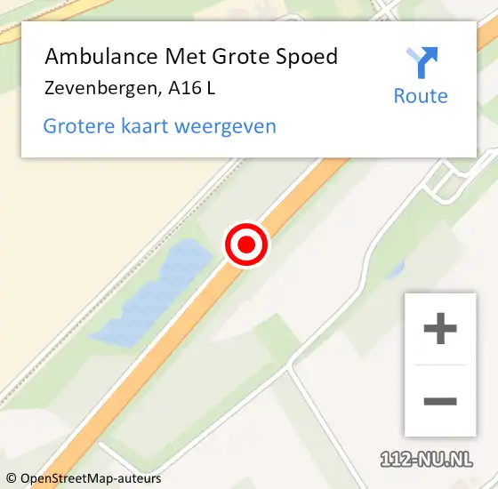 Locatie op kaart van de 112 melding: Ambulance Met Grote Spoed Naar Zevenbergen, A16 R op 27 februari 2017 13:50