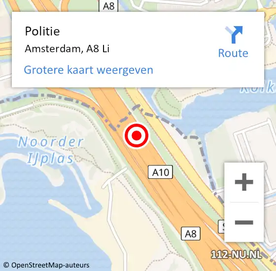 Locatie op kaart van de 112 melding: Politie Amsterdam, A8 Li op 1 maart 2017 08:10