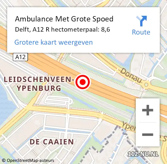 Locatie op kaart van de 112 melding: Ambulance Met Grote Spoed Naar Delft, A12 R hectometerpaal: 8,6 op 5 maart 2017 00:51