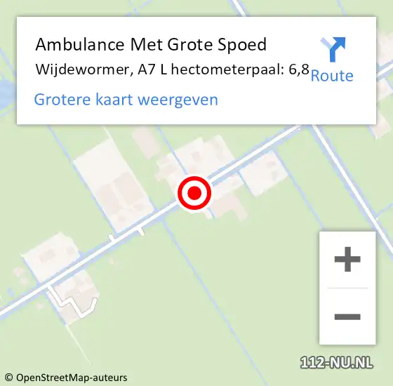 Locatie op kaart van de 112 melding: Ambulance Met Grote Spoed Naar Wijdewormer, A7 R hectometerpaal: 13,0 op 9 maart 2017 00:08