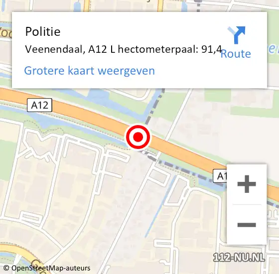 Locatie op kaart van de 112 melding: Politie Veenendaal, A12 R hectometerpaal: 103,9 op 13 maart 2017 06:59