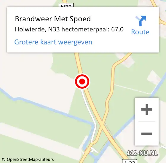 Locatie op kaart van de 112 melding: Brandweer Met Spoed Naar Holwierde, N33 hectometerpaal: 67,0 op 14 maart 2017 19:07