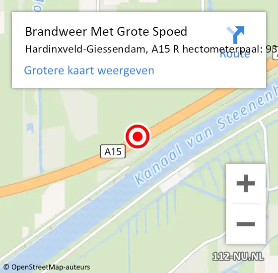 Locatie op kaart van de 112 melding: Brandweer Met Grote Spoed Naar Hardinxveld-Giessendam, A15 R hectometerpaal: 91,3 op 16 maart 2017 08:30