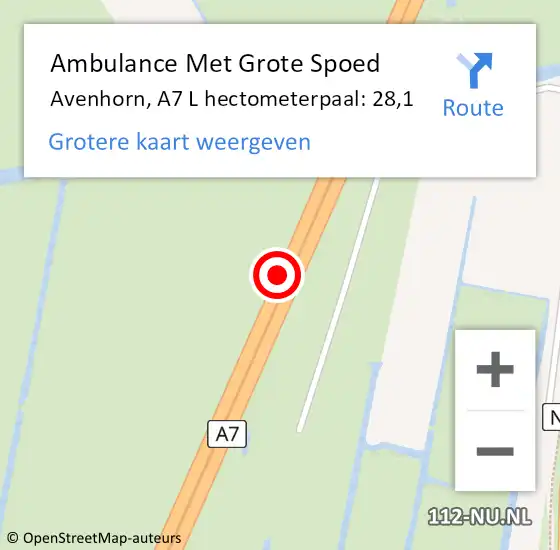 Locatie op kaart van de 112 melding: Ambulance Met Grote Spoed Naar Avenhorn, A7 R hectometerpaal: 27,2 op 16 maart 2017 16:46