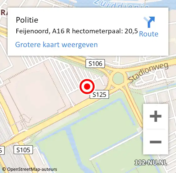 Locatie op kaart van de 112 melding: Politie Feijenoord, A16 R hectometerpaal: 20,5 op 17 maart 2017 14:35
