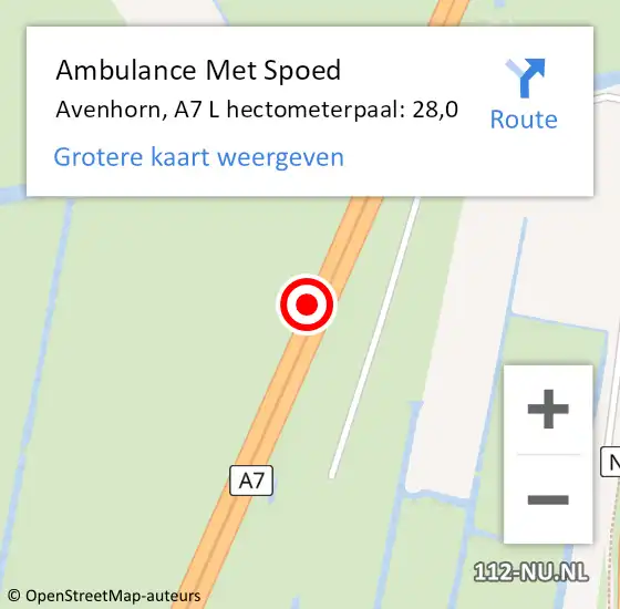 Locatie op kaart van de 112 melding: Ambulance Met Spoed Naar Avenhorn, A7 R hectometerpaal: 27,5 op 21 maart 2017 05:32