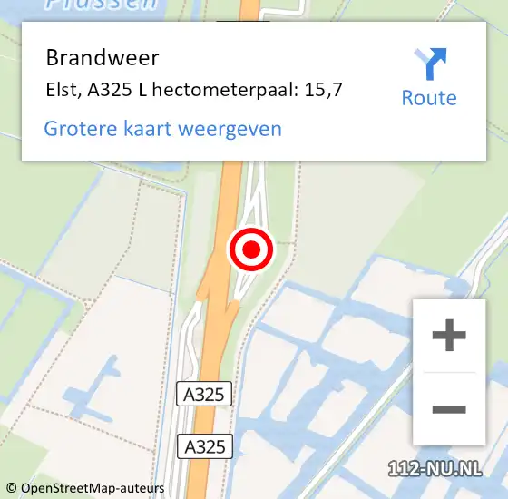 Locatie op kaart van de 112 melding: Brandweer Elst, A325 L hectometerpaal: 15,7 op 21 maart 2017 13:05