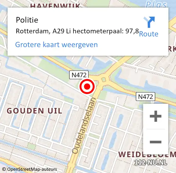 Locatie op kaart van de 112 melding: Politie Rotterdam, A29 Li hectometerpaal: 97,8 op 27 maart 2017 11:23