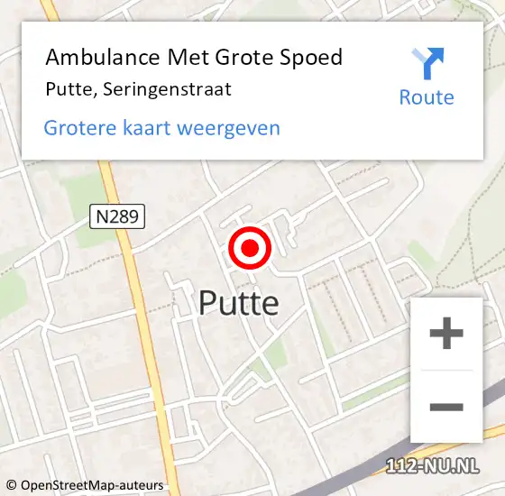 Locatie op kaart van de 112 melding: Ambulance Met Grote Spoed Naar Putte, Seringenstraat op 27 maart 2017 21:03
