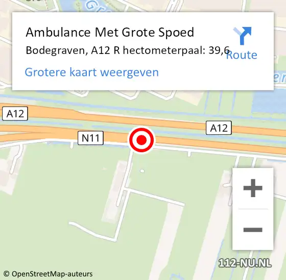 Locatie op kaart van de 112 melding: Ambulance Met Grote Spoed Naar Bodegraven, A12 R hectometerpaal: 39,6 op 28 maart 2017 20:52