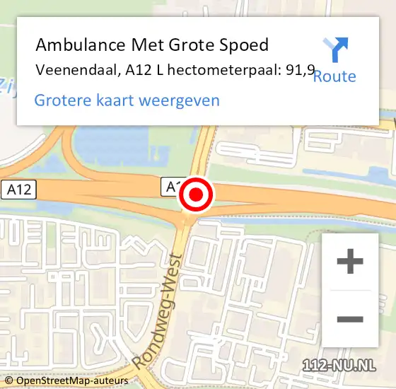 Locatie op kaart van de 112 melding: Ambulance Met Grote Spoed Naar Veenendaal, A12 R hectometerpaal: 91,2 op 3 april 2017 17:22