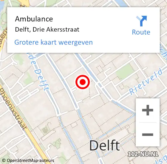 Locatie op kaart van de 112 melding: Ambulance Delft, Drie Akersstraat op 10 april 2017 15:35