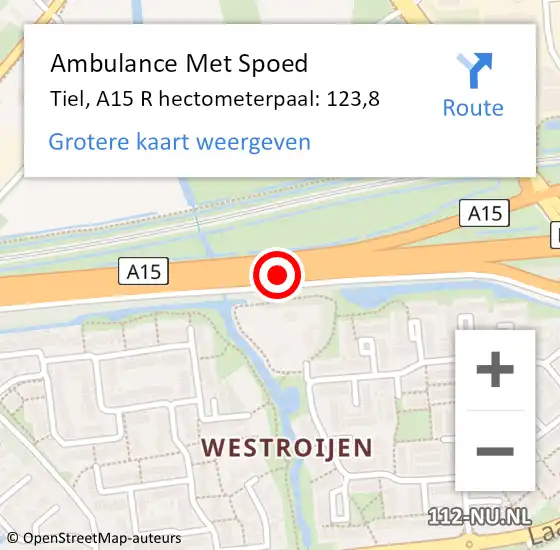 Locatie op kaart van de 112 melding: Ambulance Met Spoed Naar Tiel, A15 R hectometerpaal: 126,6 op 10 april 2017 16:56