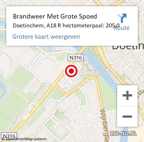 Locatie op kaart van de 112 melding: Brandweer Met Grote Spoed Naar Doetinchem, A18 R hectometerpaal: 205,0 op 12 april 2017 15:43