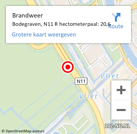 Locatie op kaart van de 112 melding: Brandweer Bodegraven, N11 R hectometerpaal: 19,9 op 12 april 2017 22:10