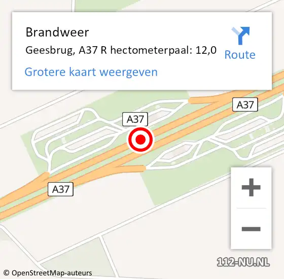Locatie op kaart van de 112 melding: Brandweer Geesbrug, A37 R hectometerpaal: 12,0 op 13 april 2017 14:31