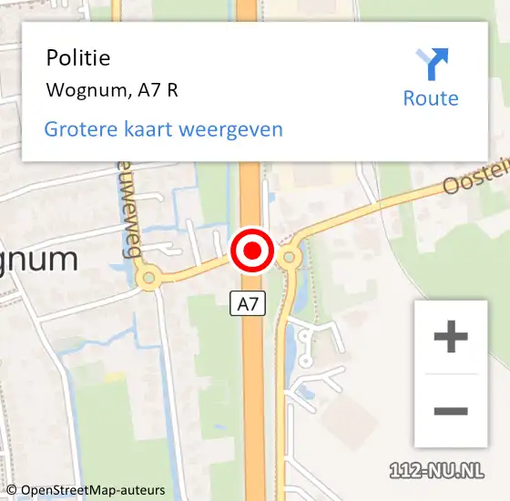 Locatie op kaart van de 112 melding: Politie Wognum, A7 R op 21 april 2017 17:55