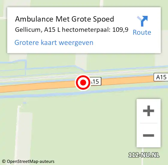 Locatie op kaart van de 112 melding: Ambulance Met Grote Spoed Naar Gellicum, A15 L hectometerpaal: 109,9 op 22 april 2017 07:46