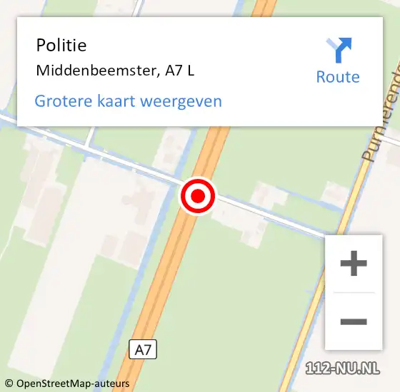Locatie op kaart van de 112 melding: Politie Middenbeemster, A7 L op 22 april 2017 14:06