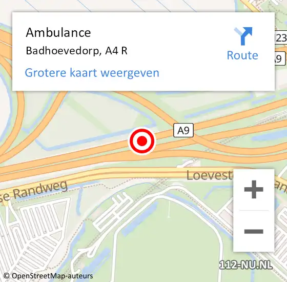 Locatie op kaart van de 112 melding: Ambulance Badhoevedorp, A4 R op 2 mei 2017 13:00