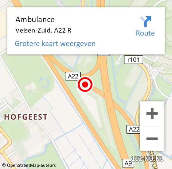 Locatie op kaart van de 112 melding: Ambulance Velsen-Zuid, A22 R op 5 mei 2017 16:54