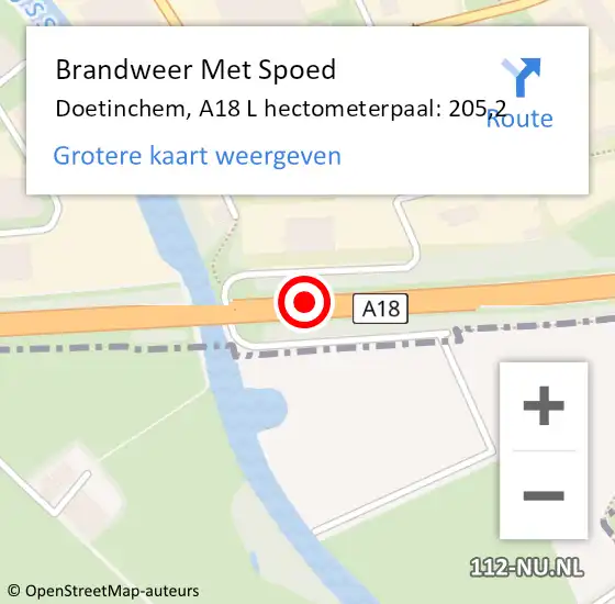 Locatie op kaart van de 112 melding: Brandweer Met Spoed Naar Doetinchem, A18 L hectometerpaal: 206,5 op 7 mei 2017 05:15