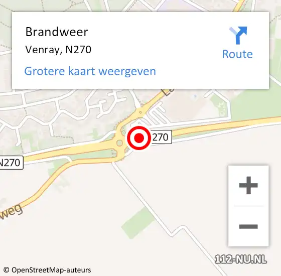 Locatie op kaart van de 112 melding: Brandweer Venray, N270 op 19 januari 2014 18:13