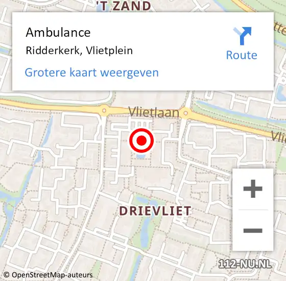 Locatie op kaart van de 112 melding: Ambulance Ridderkerk, Vlietplein op 8 mei 2017 00:28