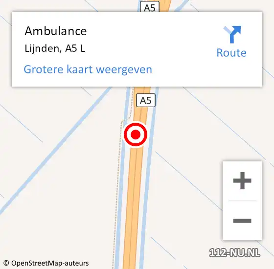 Locatie op kaart van de 112 melding: Ambulance Lijnden, A5 L op 8 mei 2017 06:51