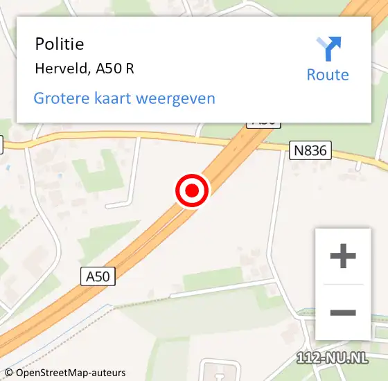 Locatie op kaart van de 112 melding: Politie Herveld, A50 R op 8 mei 2017 15:33
