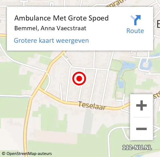 Locatie op kaart van de 112 melding: Ambulance Met Grote Spoed Naar Bemmel, Anna Vaecstraat op 8 mei 2017 18:09