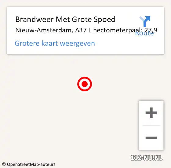 Locatie op kaart van de 112 melding: Brandweer Met Grote Spoed Naar Nieuw-Amsterdam, A37 L hectometerpaal: 27,9 op 9 mei 2017 06:03