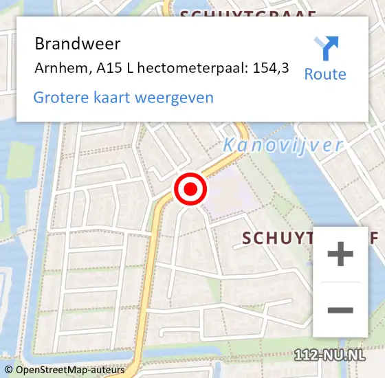 Locatie op kaart van de 112 melding: Brandweer Arnhem, A15 L hectometerpaal: 154,3 op 9 mei 2017 19:16