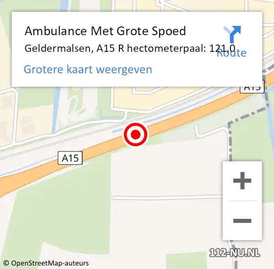 Locatie op kaart van de 112 melding: Ambulance Met Grote Spoed Naar Geldermalsen, A15 R hectometerpaal: 122,0 op 10 mei 2017 16:58