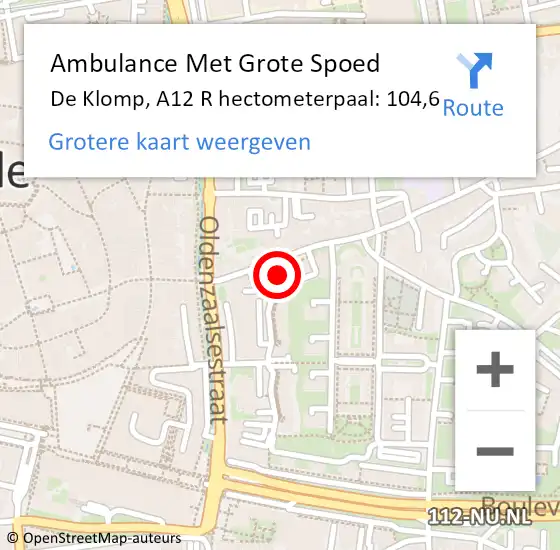 Locatie op kaart van de 112 melding: Ambulance Met Grote Spoed Naar De Klomp, A12 R hectometerpaal: 104,6 op 13 mei 2017 17:29