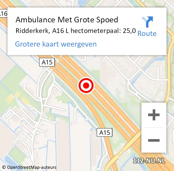 Locatie op kaart van de 112 melding: Ambulance Met Grote Spoed Naar Ridderkerk, A16 R hectometerpaal: 25,6 op 14 mei 2017 05:56